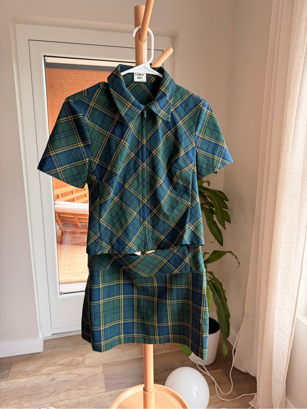 Aritzia Green & Navy Plaid Short Sleeve Button Down and Mini Skirt - Picture 2 of 4